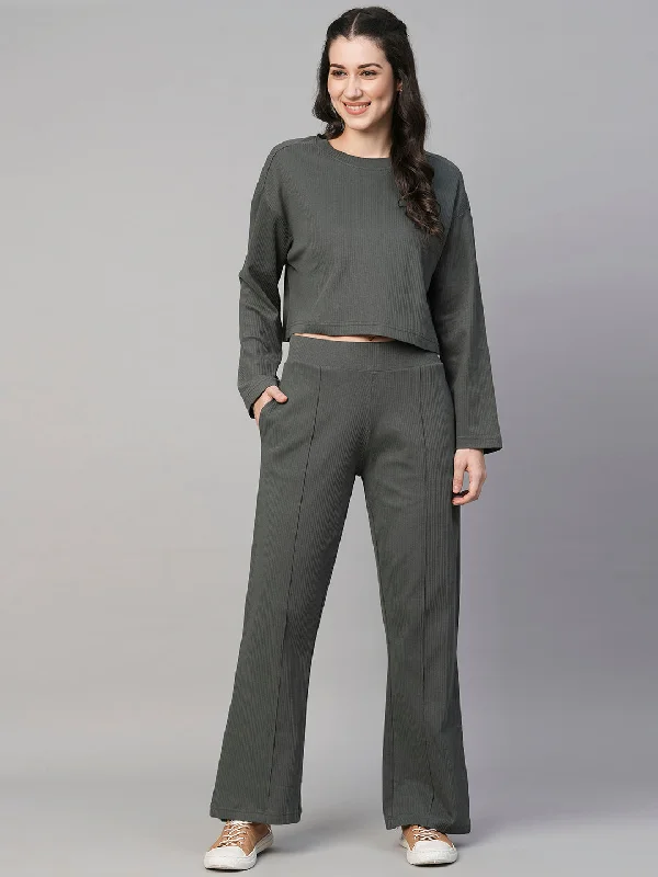 Women's Green Cotton Elastane Regular Fit Knit Pant Trendy Wide-Leg Pants