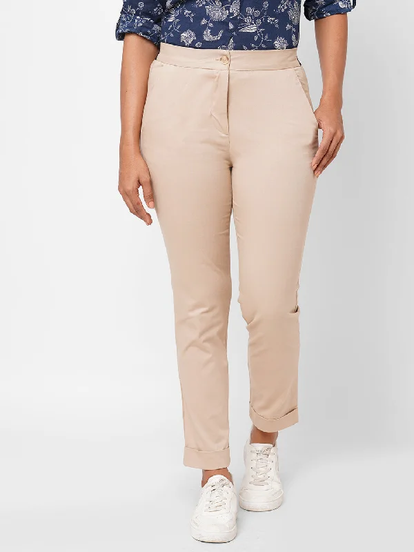 Women's Beige Cotton Lycra Slim Fit Pant Comfy Cargo Trousers