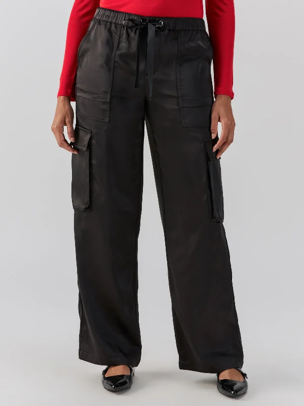 Satin Cargo Standard Rise Wide Leg Pant Black Soft Wool Pants