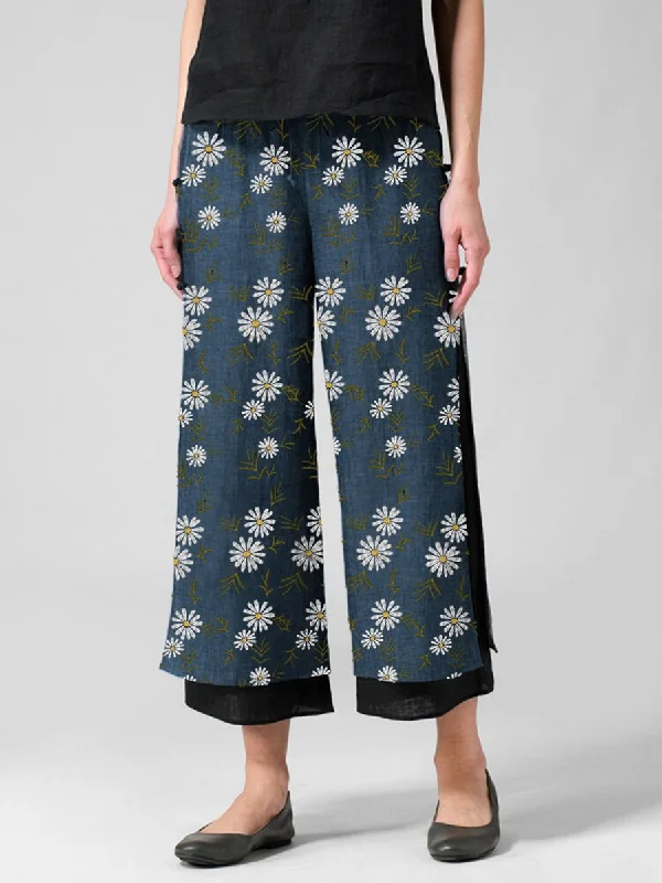 Daisy Floral Print Layered Casual Pants For Women Elegant High-Waist Pants