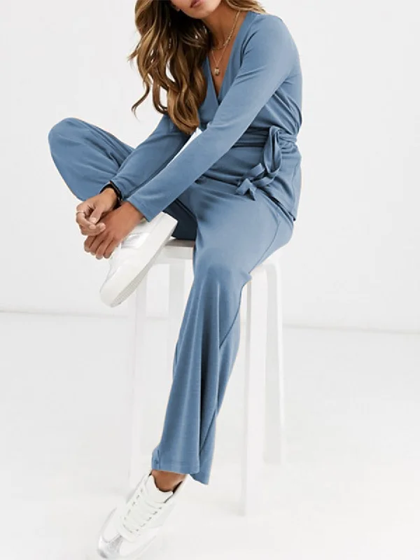 Loose Casual Long-Sleeved V-Neck Top Wide Leg Pants Knitted Suit Formal Dress Pants