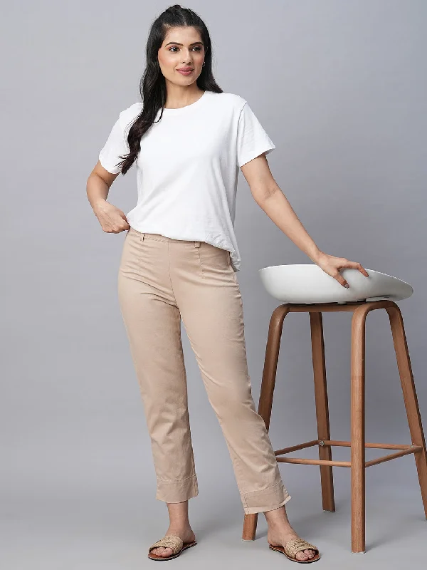 Women's Beige Cotton Lycra Regular Fit Pant Fashionable Tapered Leg Pants