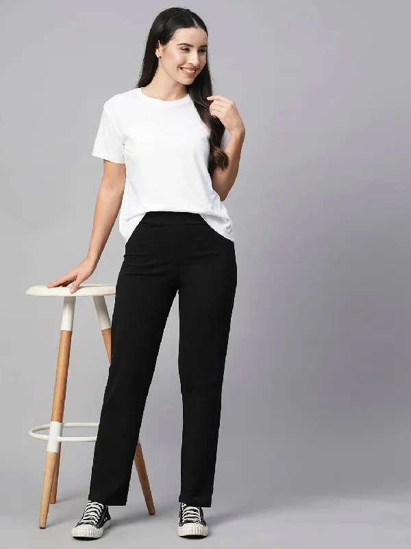 Women's Black Cotton Elastane Regular Fit Pant Elegant Trouser Pants