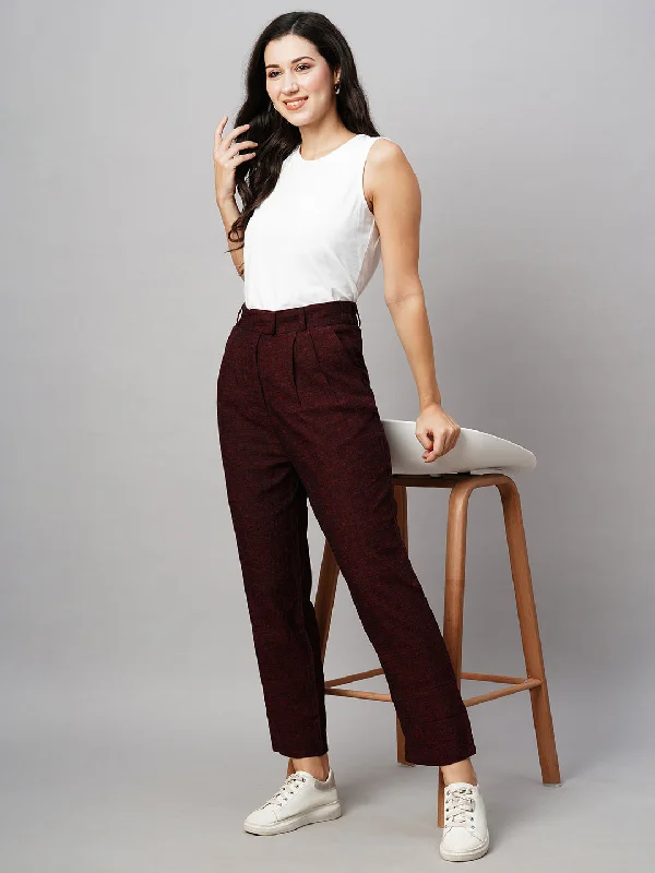 Women's Maroon/Red Viscose Linen Straight Fit Pant Elegant Silk Pants