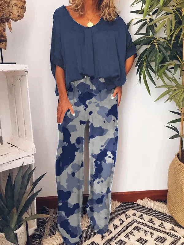 Fashionable Casual Loose Top Pants Camouflage Print Suit Wide-Legged Palazzos