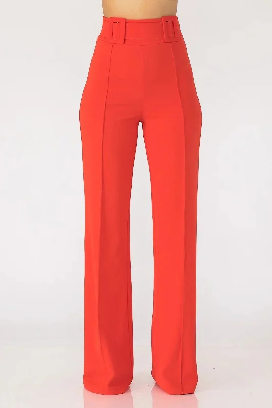 High Waist Pants With Self Fabric Buckle Detail On The Waist Trendy High-Waist Trousers