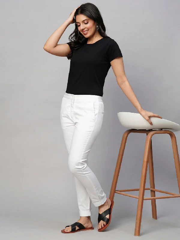 Women's White Cotton Lycra Slim Fit Pant Chic Faux Leather Pants