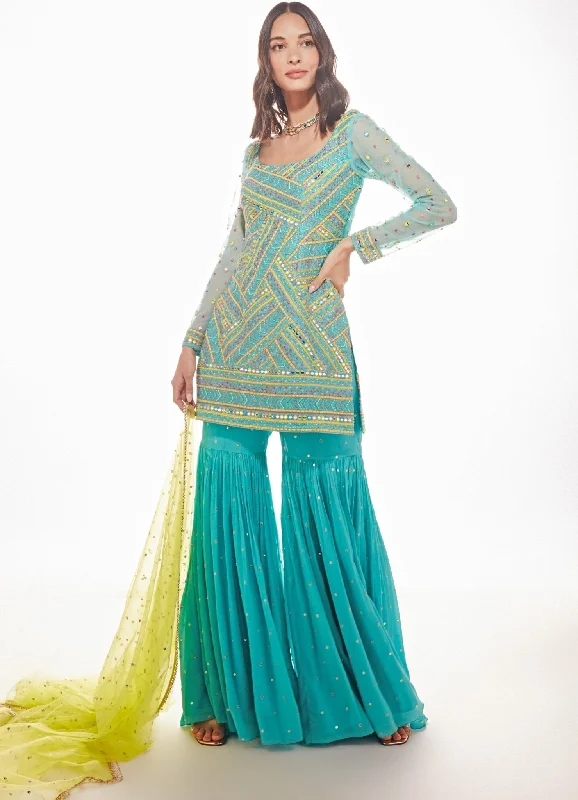 Shina Tiffany Blue Silk Kurta With Pallazo Pants Classic Pleated Pants