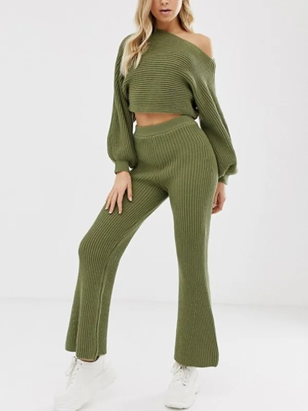 Fashion Casual Loose Lantern Sleeve Top Flare Pants Knitted Suit Trendy Palazzo Pants