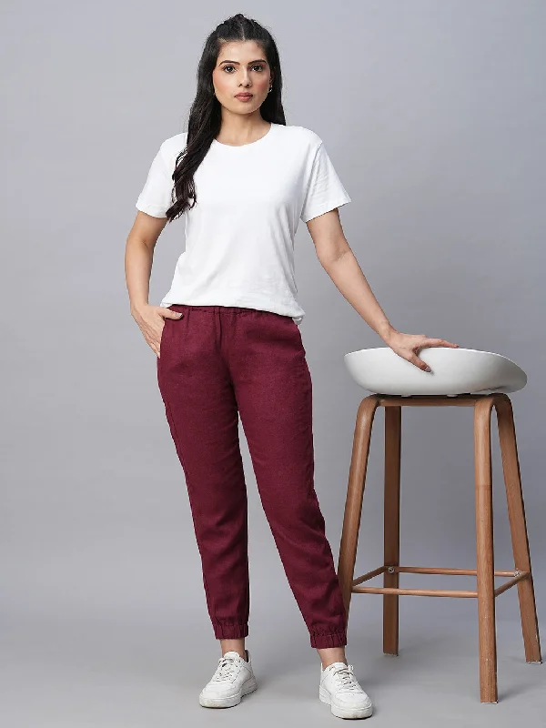 Women's Maroon/Red Linen Viscose Jogger Pant Fashionable Sporty Pants