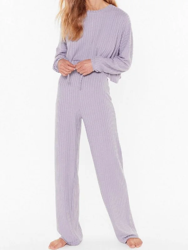 Solid Color Round Neck Knitted Top Pants Two-piece Suit Classic Straight Pants