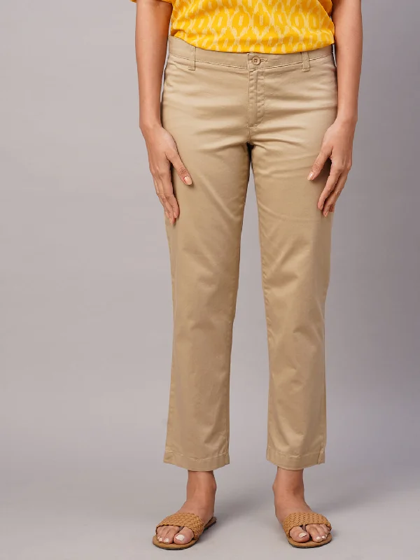 Women's Khaki Cotton Lycra Regular Fit Pant Classic Straight Pants