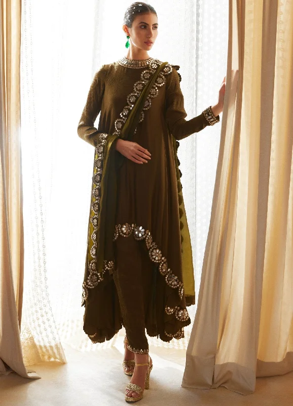 Olive Green Scallop Pant Kurta Set With Scallop Dupatta Modern Skinny Pants