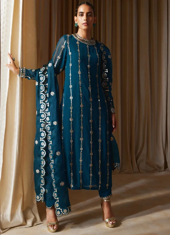 Dark Teal Embellished Long Kurta With Pants Set Elegant Wool Trousers