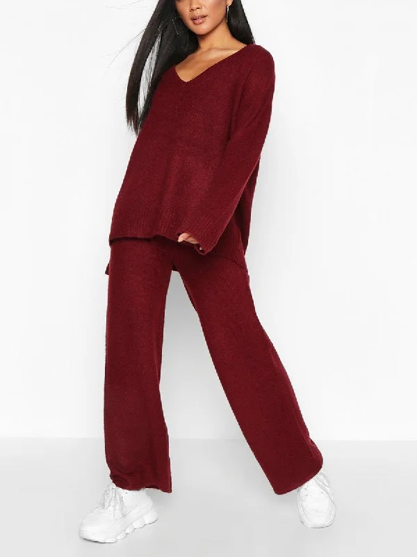 Loose Casual V-Neck Long Sleeve Top Wide Leg Pants Knitted Suit Comfortable Maternity Pants