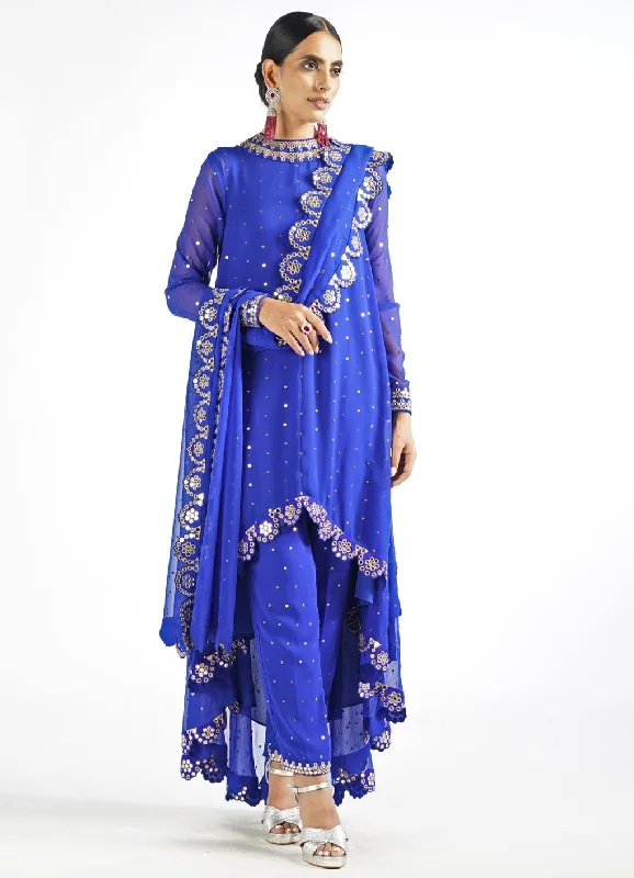 Royal Blue Scallop Pant Kurta Set With Dupatta Cozy Jogger Leggings