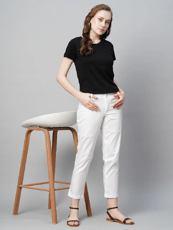 Women's White Cotton Elastane Regular Fit Pant Classic Pleated Pants