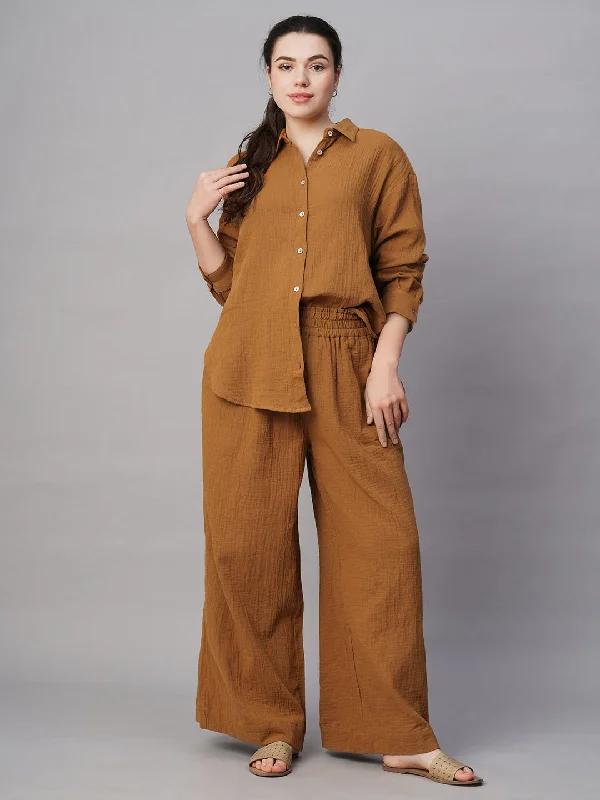 Women's Mustard Cotton Regular Fit Pant Formal Linen Trousers