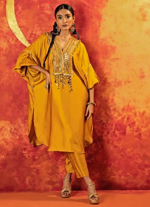 Mustard Yellow Embroidered Anti-Fit Kurta With Pants Casual Wide Pants