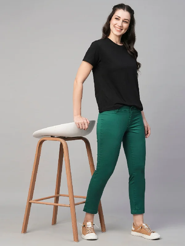 Women's Green Cotton Lycra Regular Fit Pant Classic Bootcut Trousers