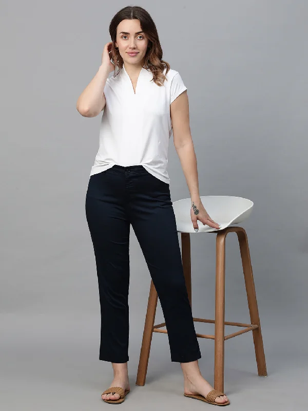 Women's Navy Cotton Lycra Regular Fit Pant Elegant Silk Pants