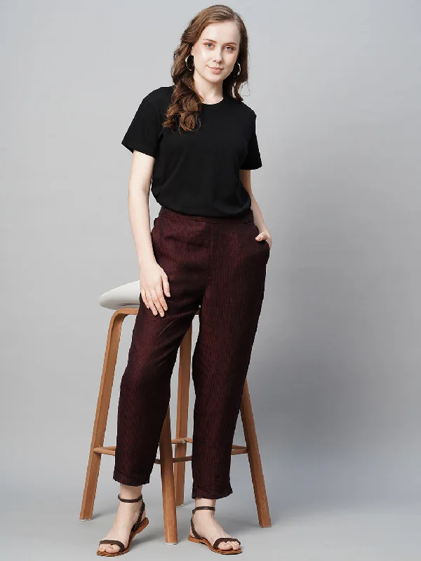 Women's Maroon Linen Regular Fit Pant Classic Chino Pants