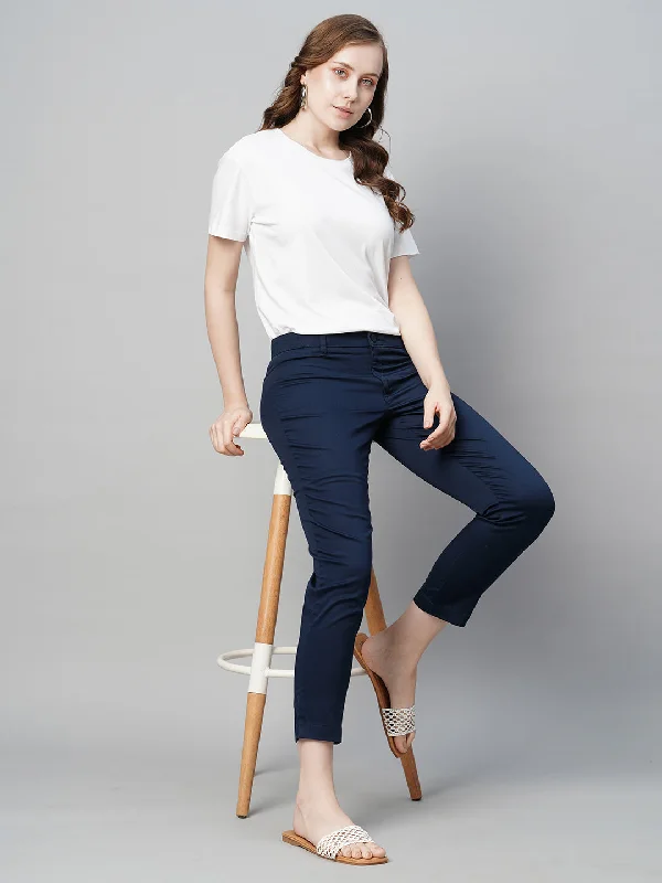 Women's Navy Cotton Elastane Regular Fit Pant Chic Checkered Pants