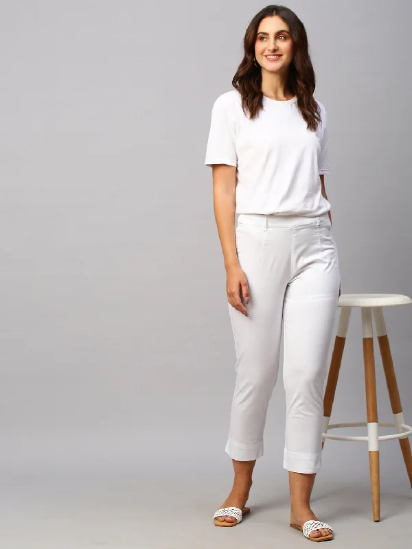 Women's White Cotton Lycra Regular Fit Pant Trendy Work Pants