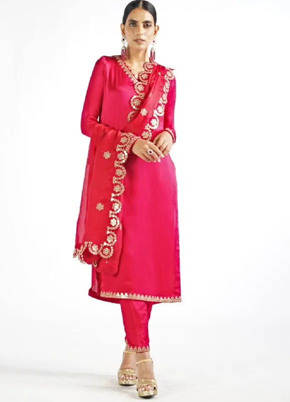 Regal Red Straight Kurta Pant Set Formal Wide-Leg Pants