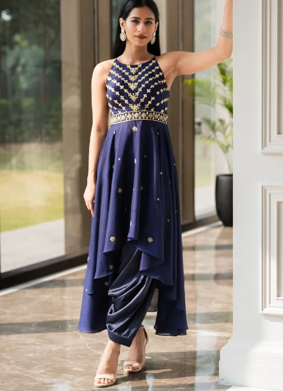 Navy Blue Kurta And Drape Pants Set Trendy Tapered Pants