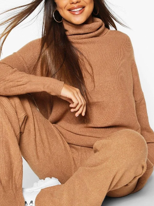 Loose Turtleneck Long Sleeve Top & Pants Knit Set Comfortable Jogger Trousers