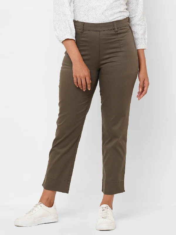 Women's Olive Cotton Lycra Regular Fit Pant Stylish Casual Pants