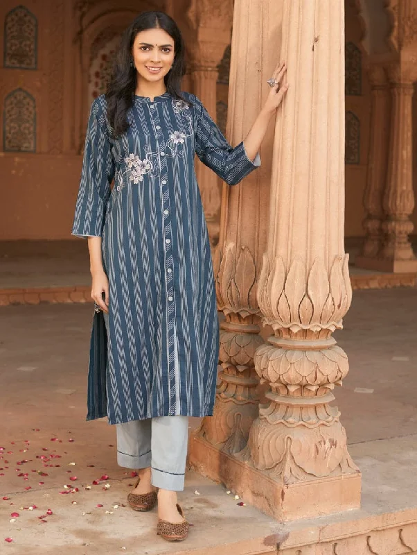 Embroidered Cotton Kurta Pants Set 3630 Comfortable Wide-Leg Pants