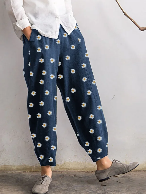 Daisy Floral Print Elastic Waist Casual Harem Pants Elegant Dress Pants