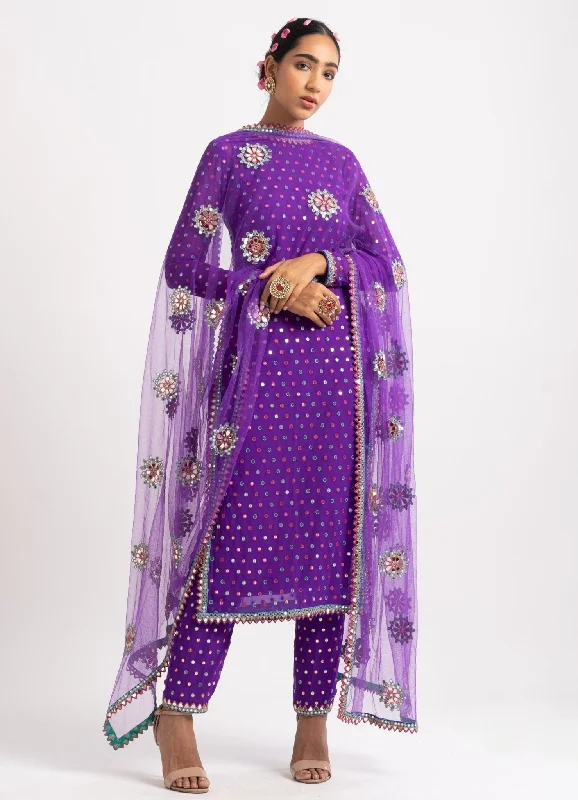 Purple Multi Polka Pant Kurta Set Fashionable Track Pants