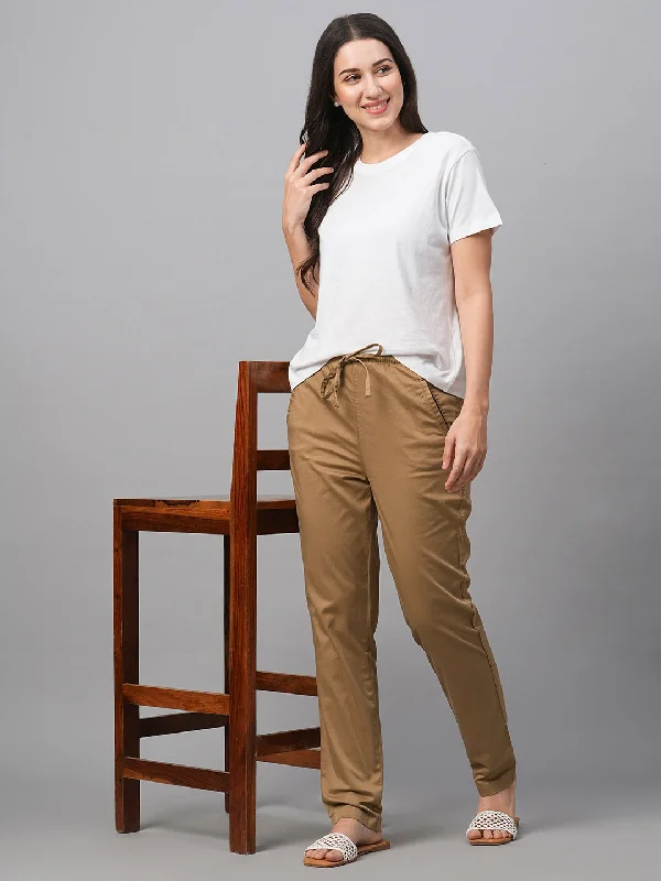 Women's Khaki Cotton Lycra Regular Fit Pant Elegant Wool Trousers