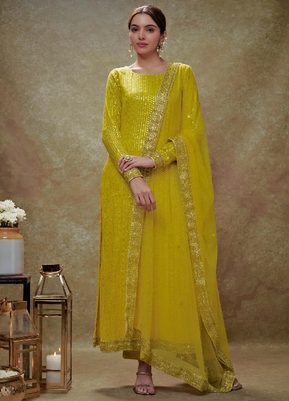 Lime Yellow And Gold Sequin Embroidered Kurta Pants Set Cozy Fitted Pants