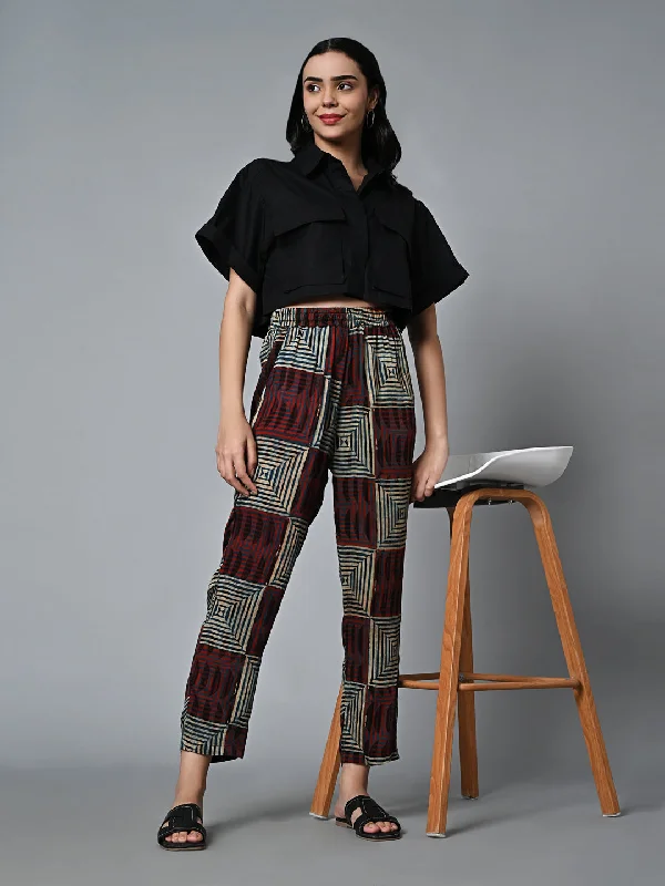 Women's Ajrak Hand Block Printed Regular Fit Modal Multi Pant Elegant Palazzo Trousers