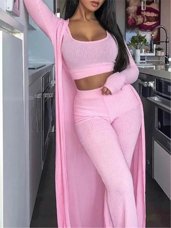 Solid Color Sexy Umbilical Slim Top With High Waist Wide Leg Pants Women'S Suit Modern Bootcut Pants