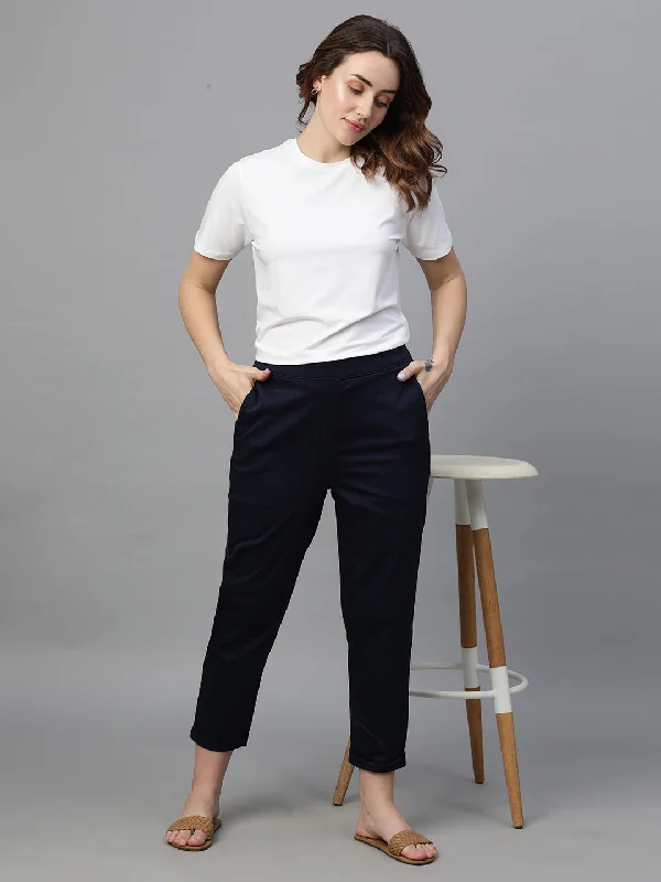 Women's Navy Cotton Elastane Regular Fit Pant Stylish Elastic Waist Pants