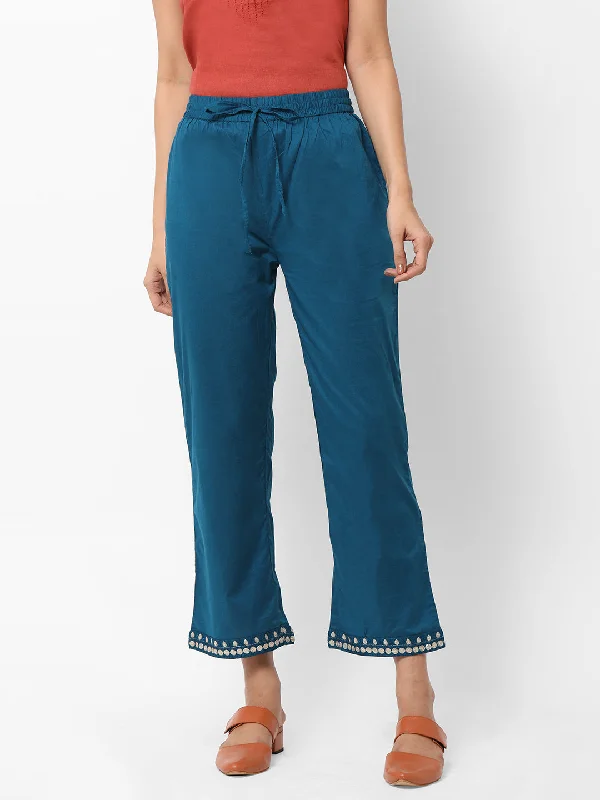 Women's Teal Cotton Regular Fit Pants Chic Wool Trousers