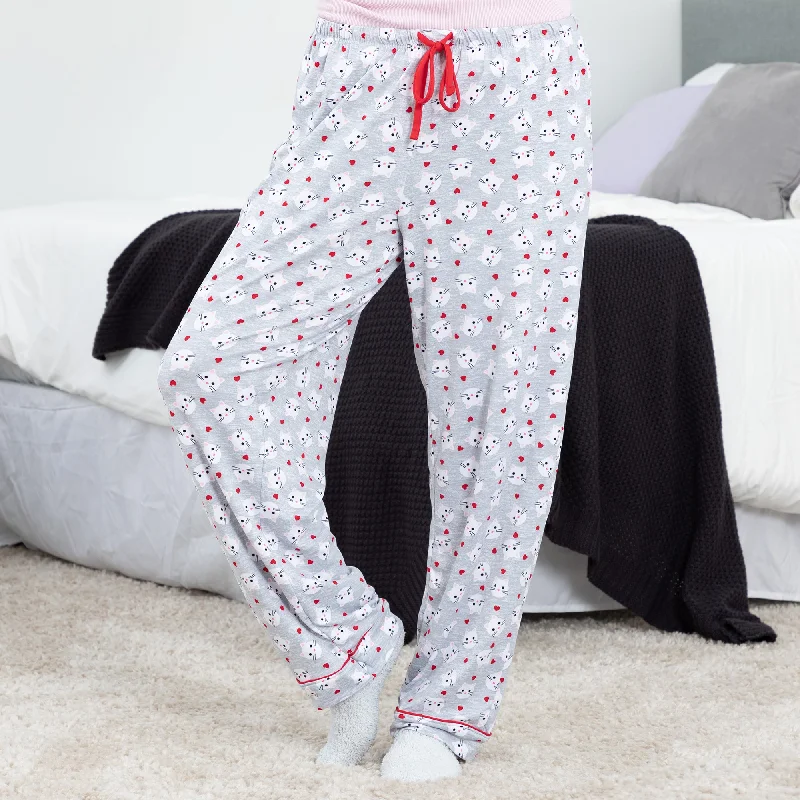 Cats & Hearts Pajama Pants Trendy Wide-Leg Pants