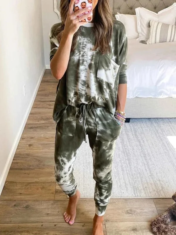 Simple Casual Loose Round Neck Long Sleeve Top Pants Tie Dye Suit Comfortable Pleated Pants