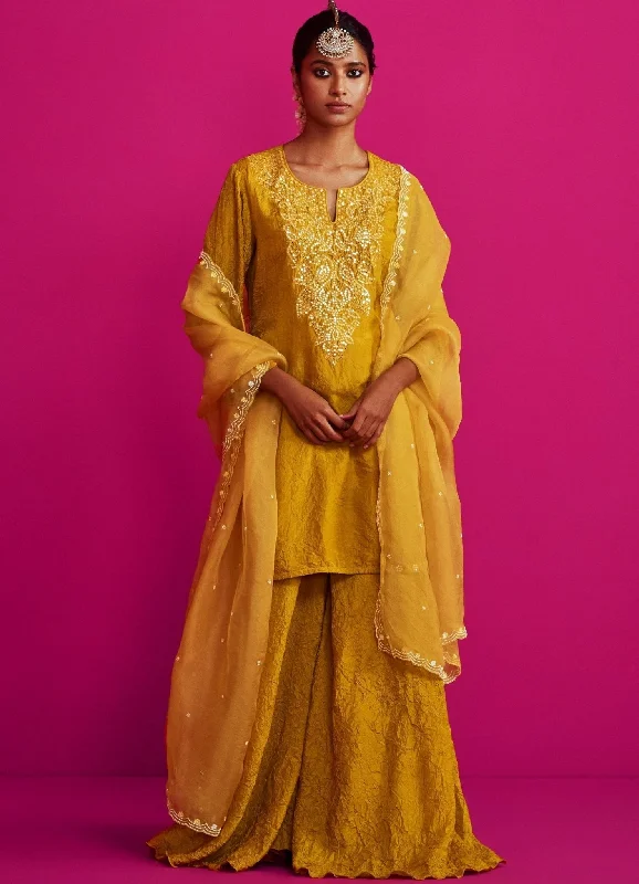 Mustard Yellow Crushed Kurta Set With Sharara Pants Casual Track Pants