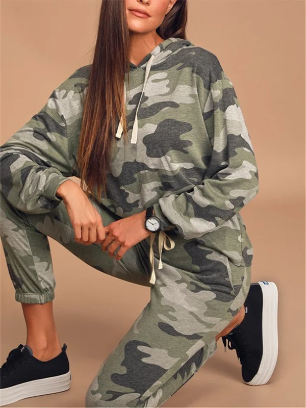 Fashion Casual Loose Hooded Top Pants Camouflage Suit Lightweight Linen Pants