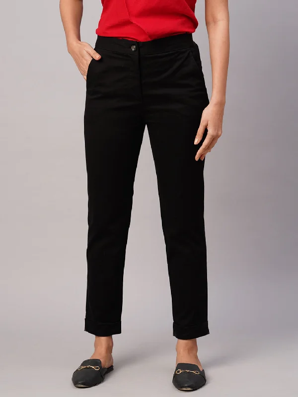 Women's Black Cotton Lycra Slim Fit Pant Classic Chino Pants