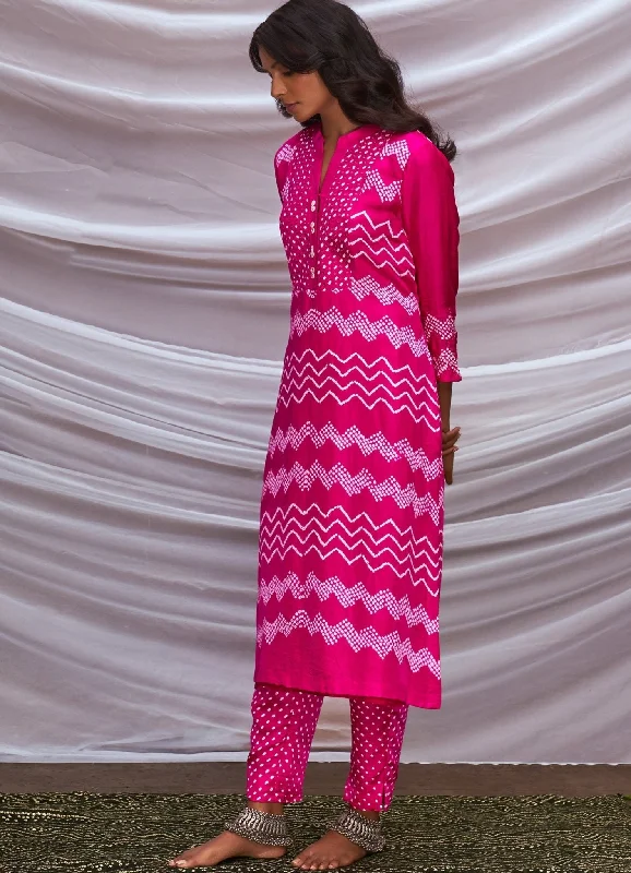 Rani Pink Bandhani Kurta With Pants Casual Skinny Fit Pants