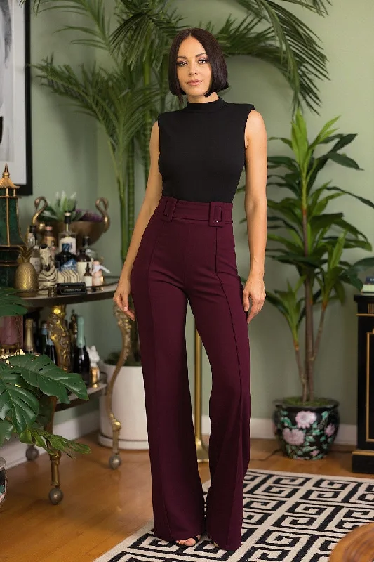 High Waist Pants With Self Fabric Buckle Detail On The Waist Wide-Legged Palazzos