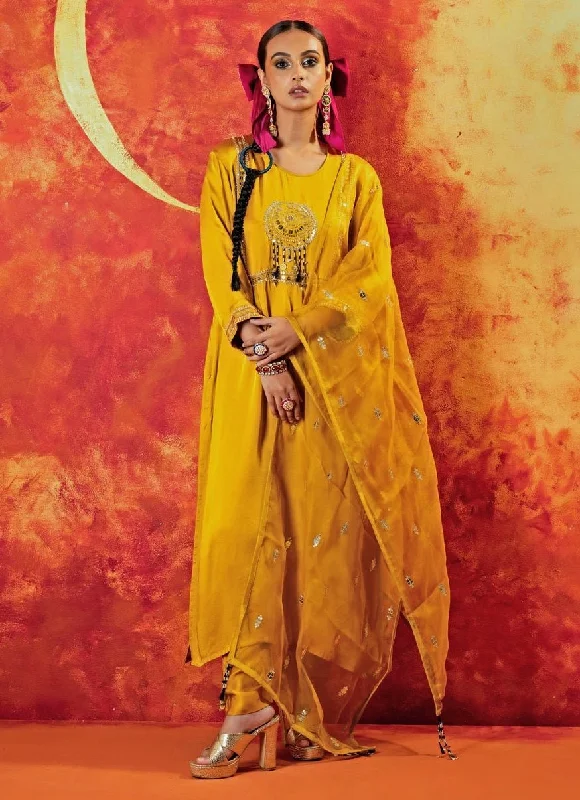 Mustard Yellow Embroidered Kurta Pant Set Stylish Slim Trousers