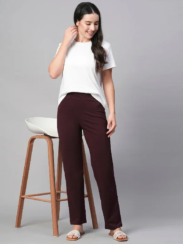 Women's Wine Cotton Elastane Regular Fit Knit Pant Cozy Lounge Pants